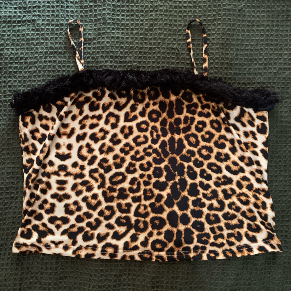 SHEIN Leopard Print Faux Fur Trim Croptop   2XL(16)